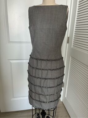 Escada Gray Sleeveless Wool Dress with Tiered Fringe Bands